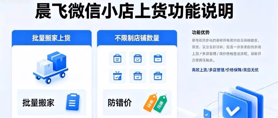 晨飞微信小店上货：批量搬家上货，不限制店铺数量，防错价，自动开通类目