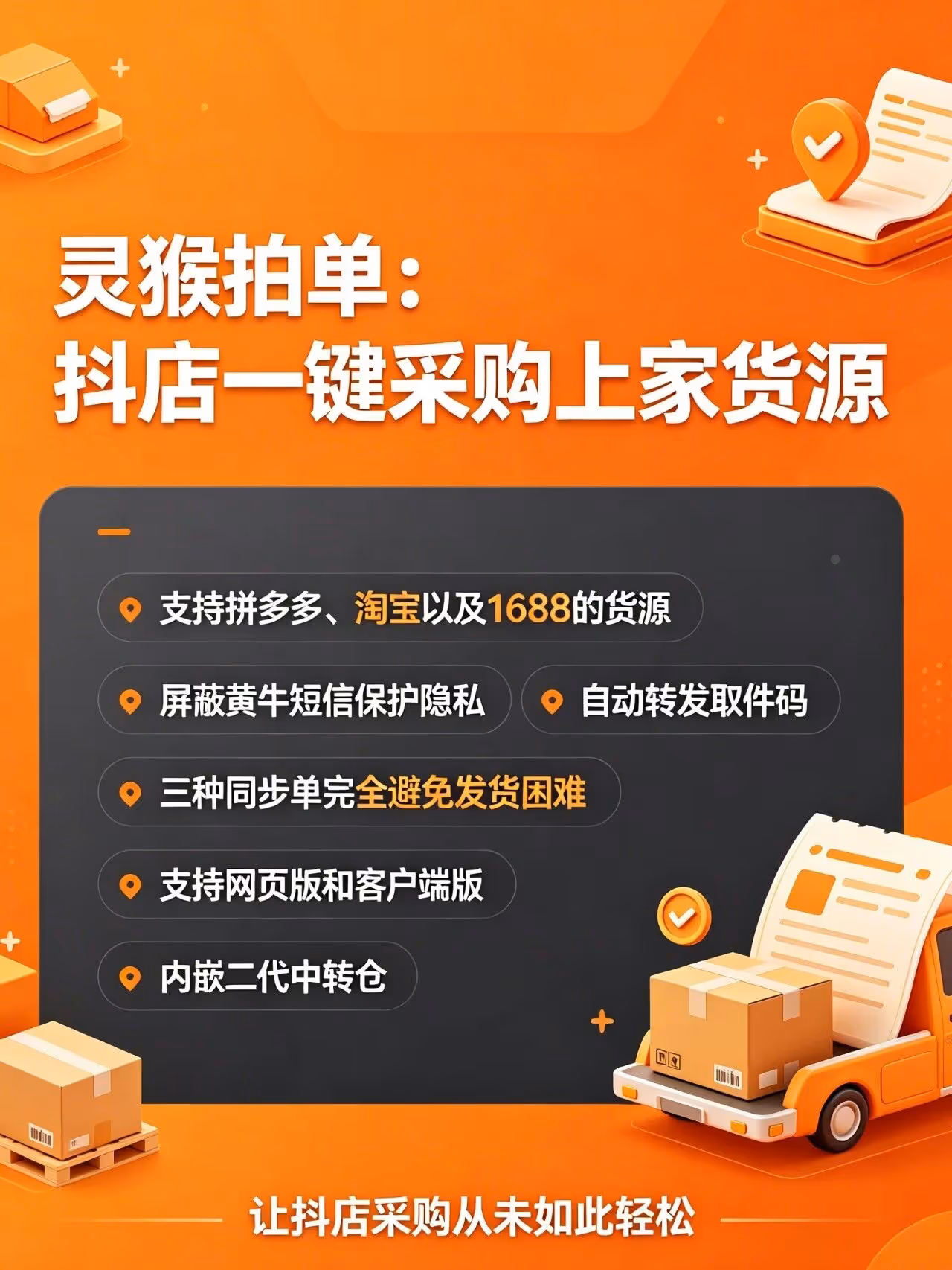 灵猴拍单：抖店一键采购+自动转发取件码